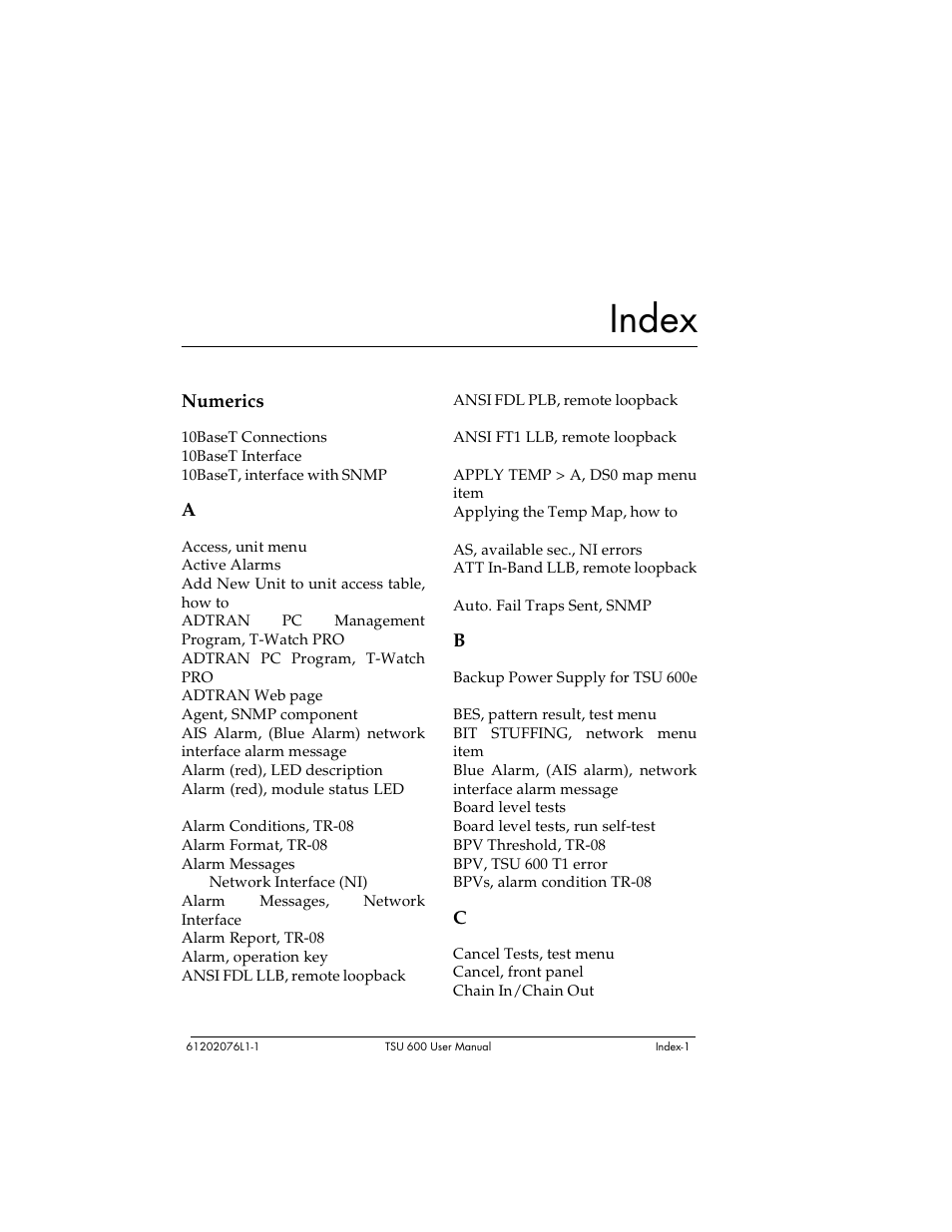 Index | ADTRAN 1202076L2 User Manual | Page 117 / 123