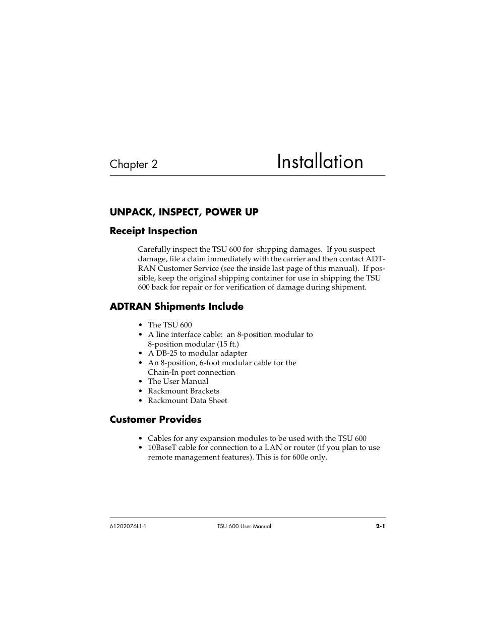 Installation, Chapter 2 | ADTRAN 1202076L2 User Manual | Page 27 / 123