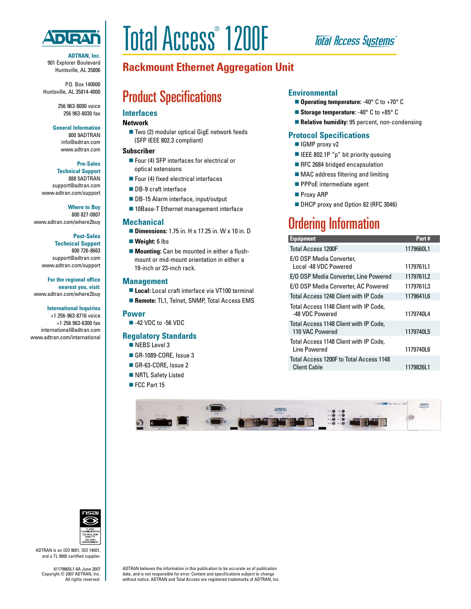 Total access, 1200f, Ordering information | Product specifications, Rackmount ethernet aggregation unit, Environmental, Protocol specifications, Interfaces, Mechanical, Management | ADTRAN 1200F User Manual | Page 2 / 2