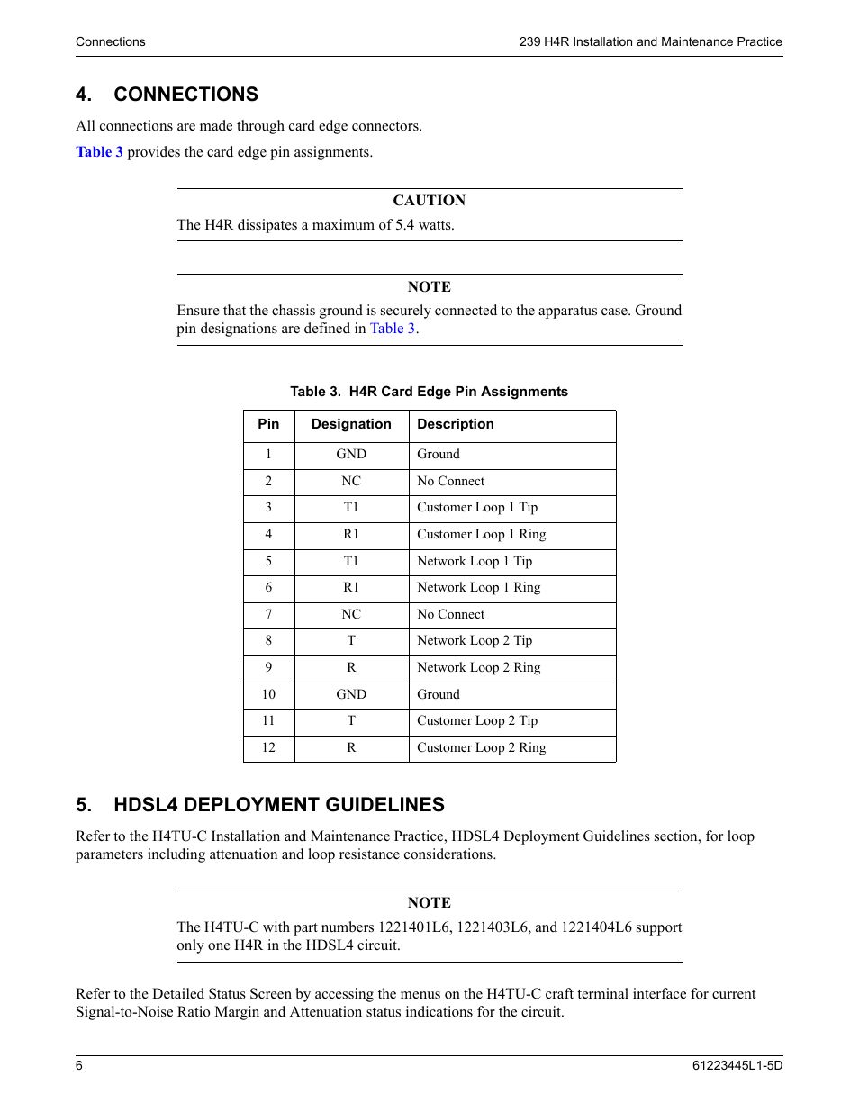 Connections, Hdsl4 deployment guidelines, Table 3 | H4r card edge pin assignments | ADTRAN 239 T1 HDSL4 User Manual | Page 12 / 20