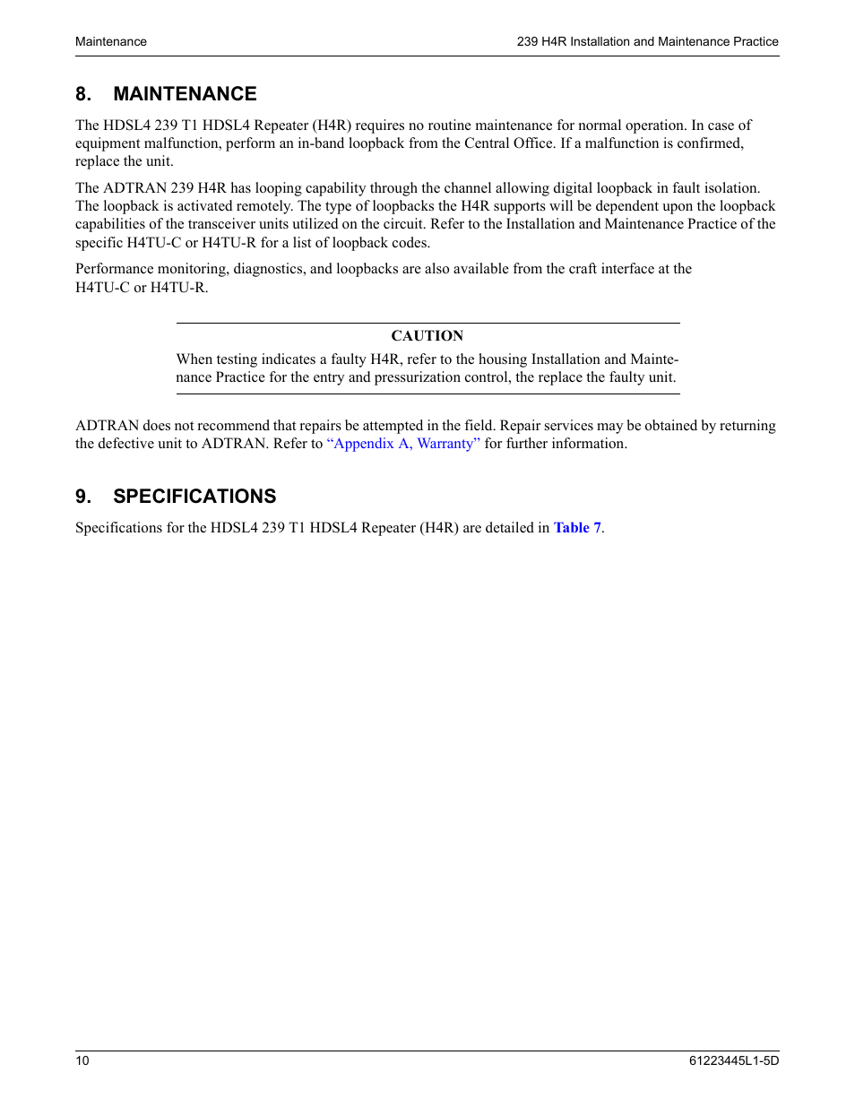 Maintenance, Specifications | ADTRAN 239 T1 HDSL4 User Manual | Page 16 / 20