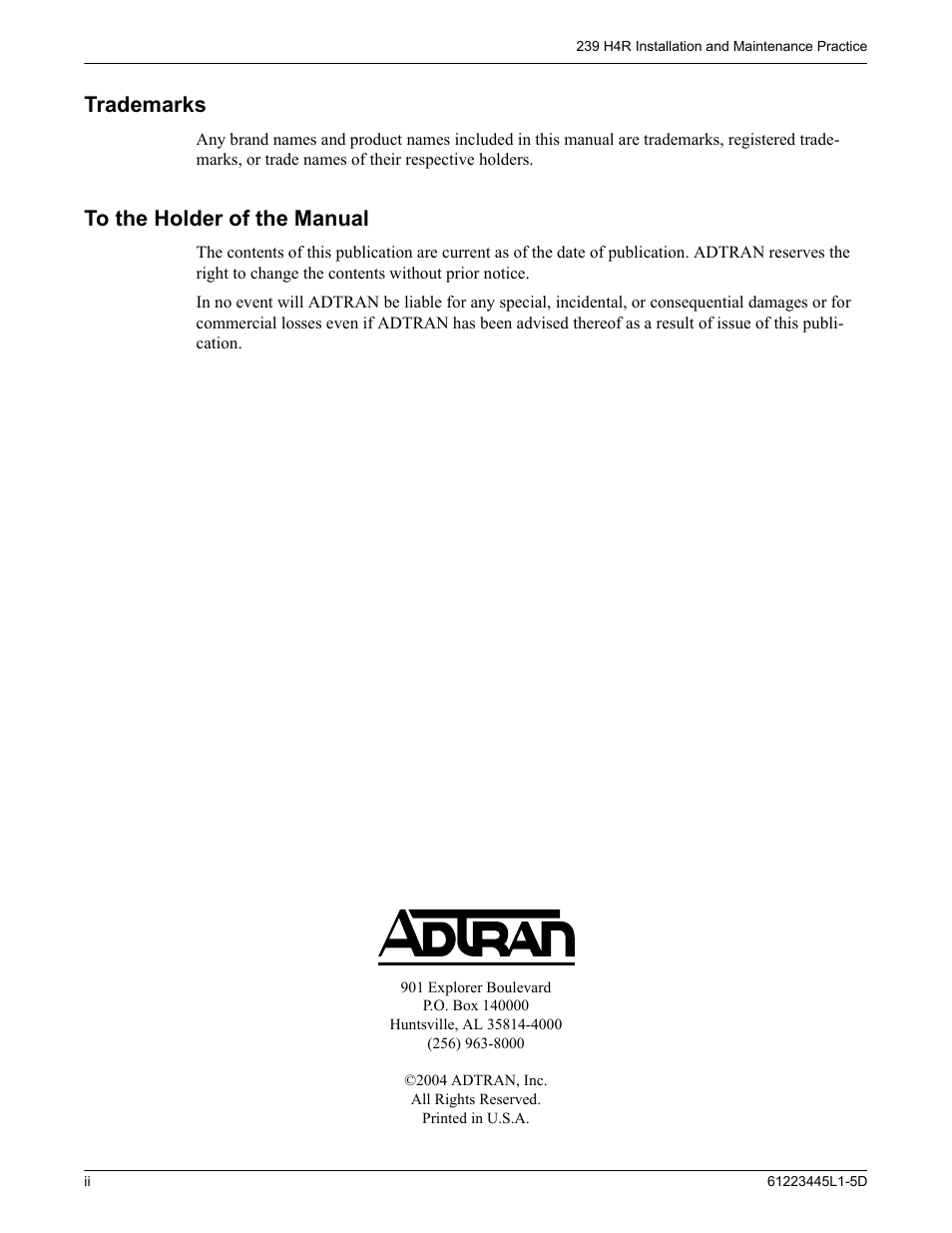 Trademarks | ADTRAN 239 T1 HDSL4 User Manual | Page 2 / 20