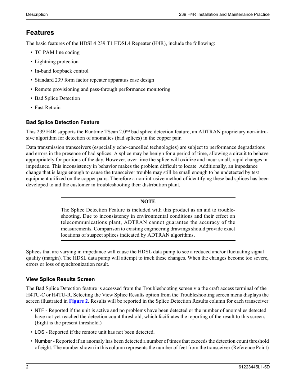 Features, Bad splice detection feature, View splice results screen | ADTRAN 239 T1 HDSL4 User Manual | Page 8 / 20