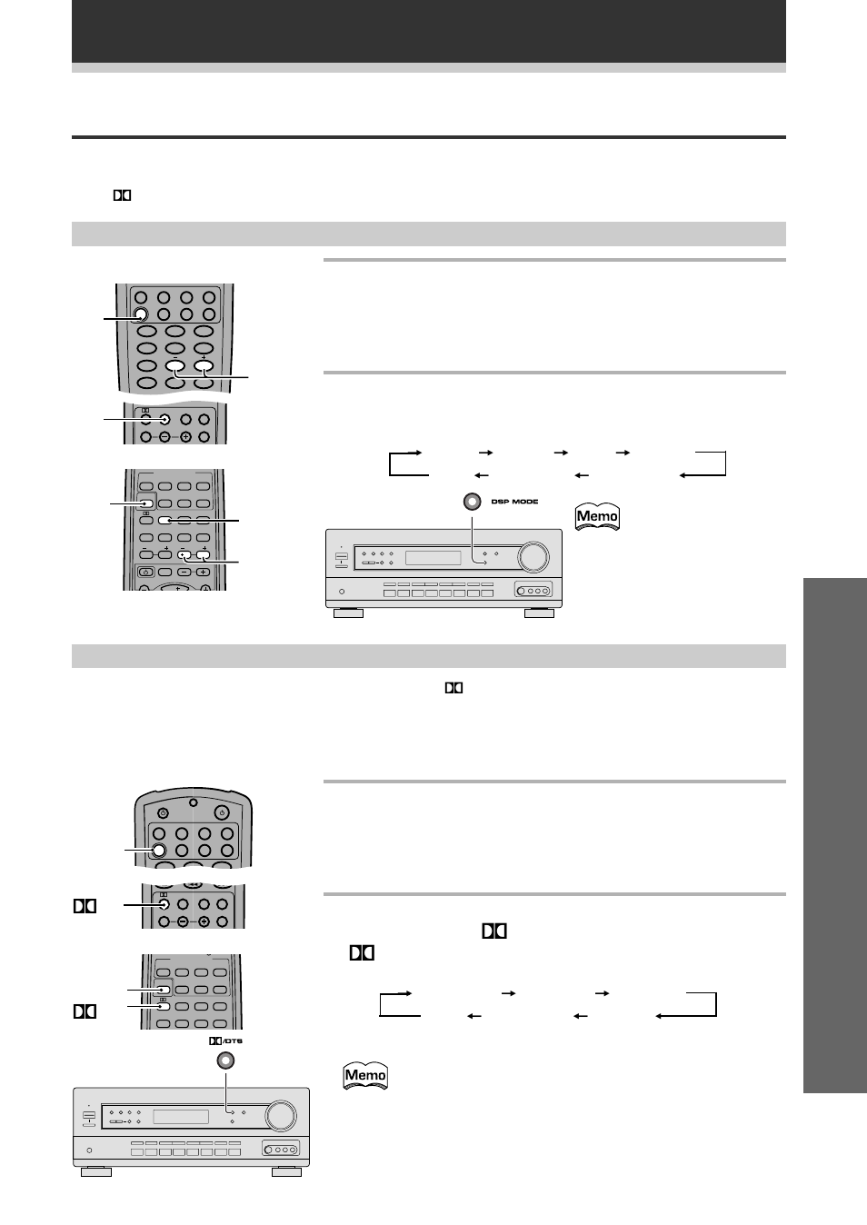 Sélection d’un mode son, Fonctionnement, Fonctionnement surround | Mode advanced theater (mode dolby/dts), Sur la télécommande ou sur, Dts sur le panneau avant, Modes son, Effect, Dolby)/dts | Pioneer VSX-709RDS User Manual | Page 39 / 124