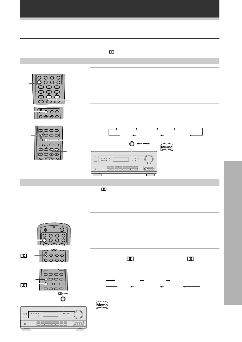 Selezione di un modo audio, Funzionamento, 2 premere dsp mode per selezionare il modo audio | Funzionamento surround, Modo advanced theater (modo dolby/dts), Sul telecomando o, Dts sul pannello anteriore, Modi audio, Effect, Dolby)/dts | Pioneer VSX-709RDS User Manual | Page 97 / 124