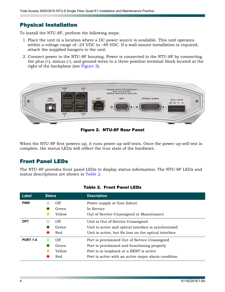 Physical installation, Front panel leds, Physical installation front panel leds | Figure 2, Ntu-8f rear panel, Table 2 | ADTRAN 3010 NTU-8 User Manual | Page 10 / 18