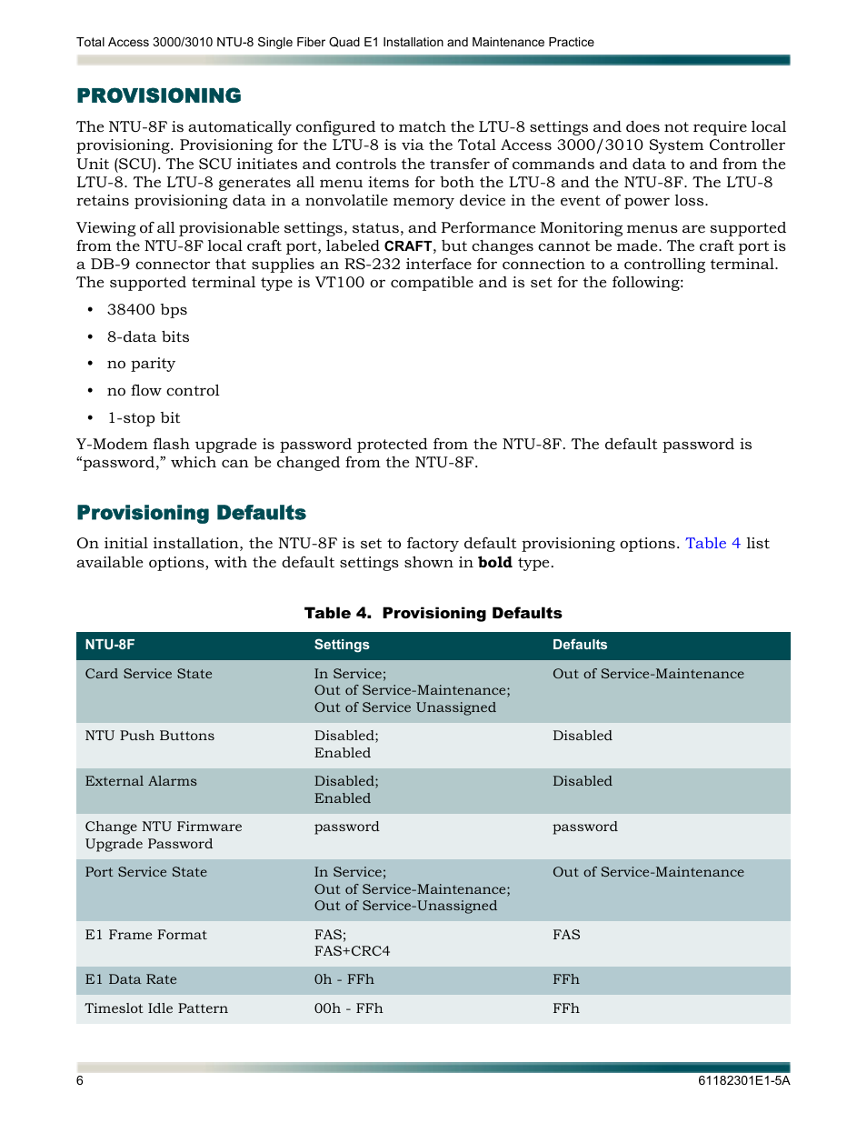 Provisioning, Provisioning defaults, Table 4 | ADTRAN 3010 NTU-8 User Manual | Page 12 / 18