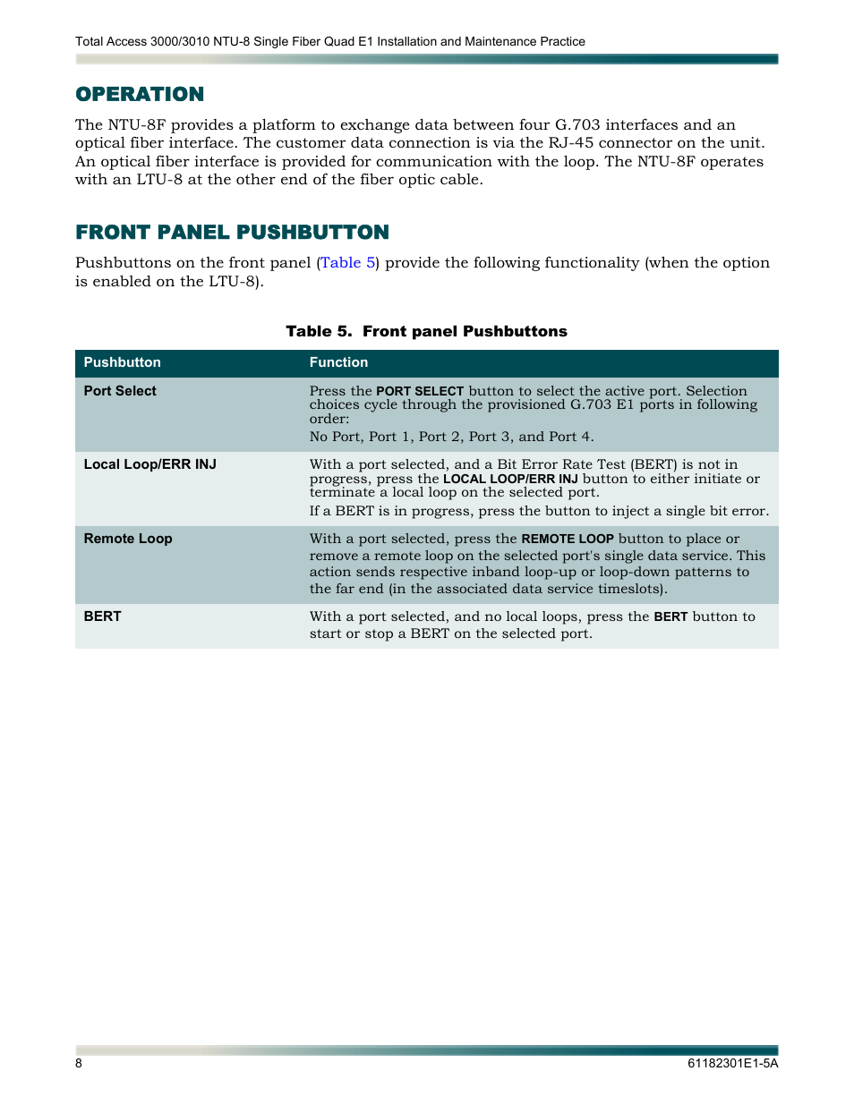 Operation, Front panel pushbutton, Table 5 | Front panel pushbuttons | ADTRAN 3010 NTU-8 User Manual | Page 14 / 18