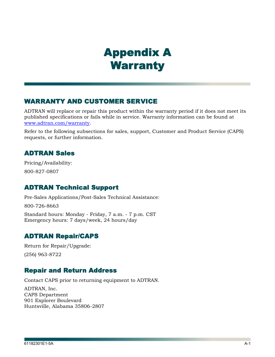 Appendix a, warranty, Appendix a, Warranty | Appendix a warranty | ADTRAN 3010 NTU-8 User Manual | Page 17 / 18