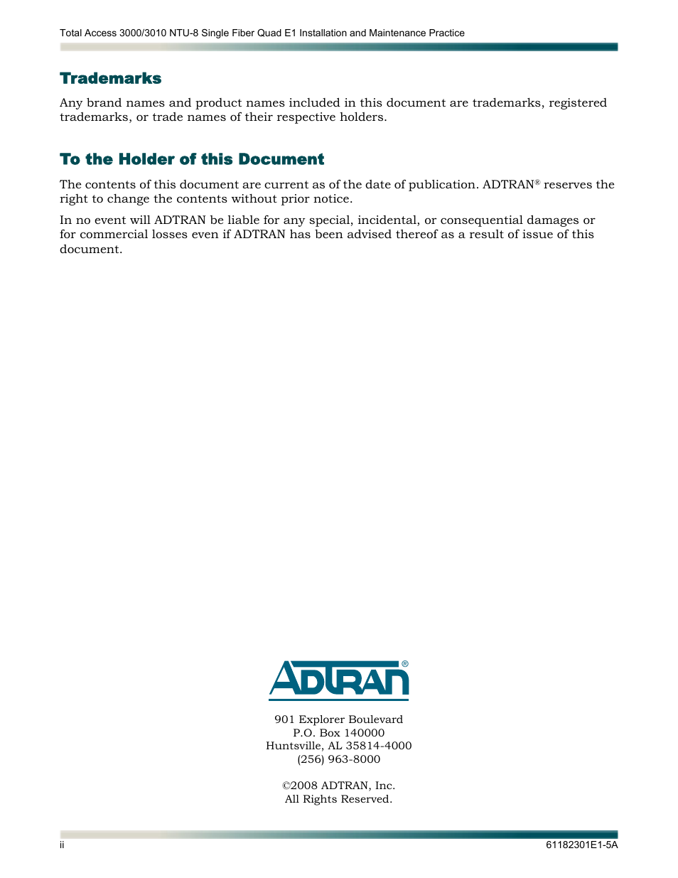 Front matter, Trademarks, To the holder of this document | ADTRAN 3010 NTU-8 User Manual | Page 2 / 18