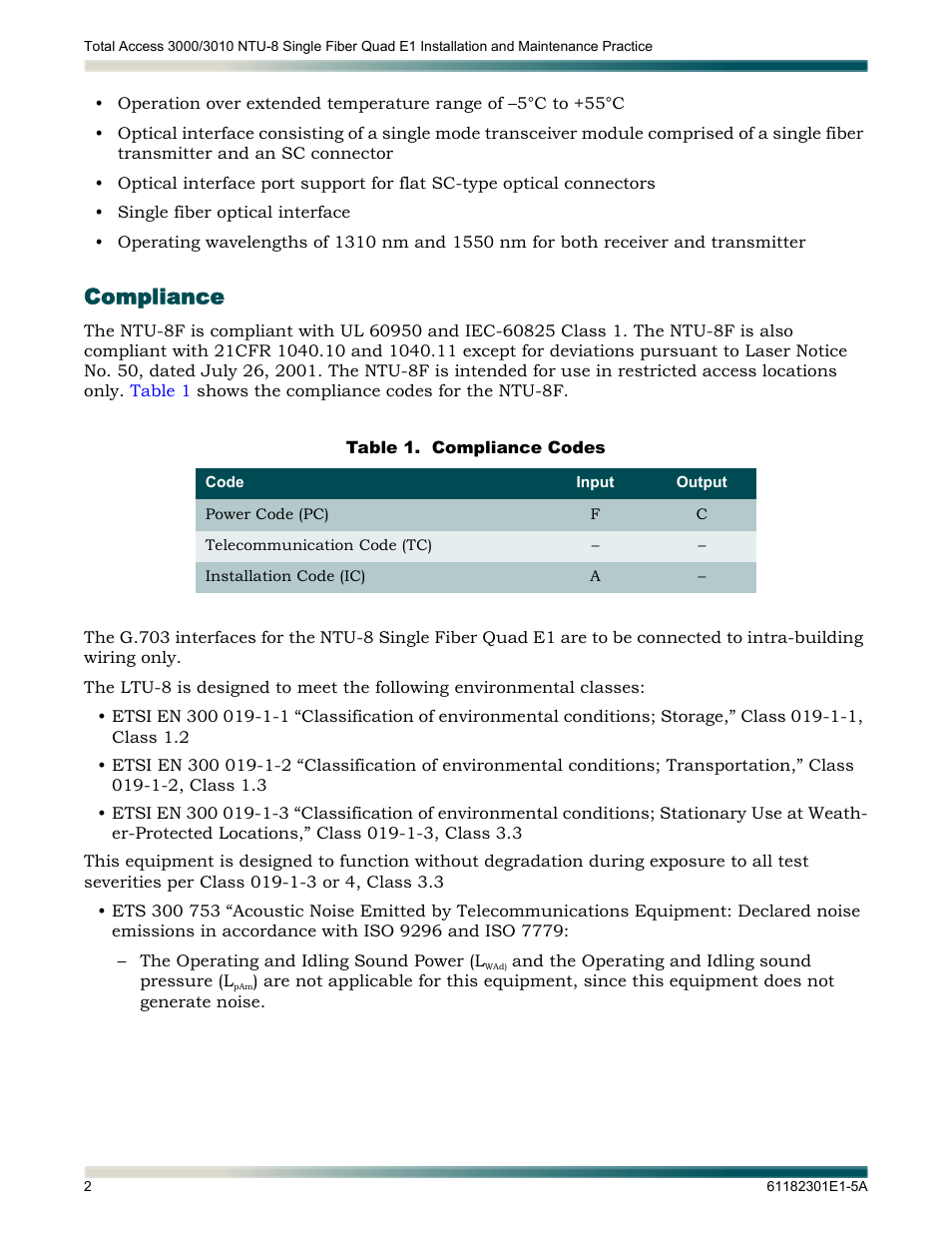 Compliance, Table 1, Compliance codes | ADTRAN 3010 NTU-8 User Manual | Page 8 / 18