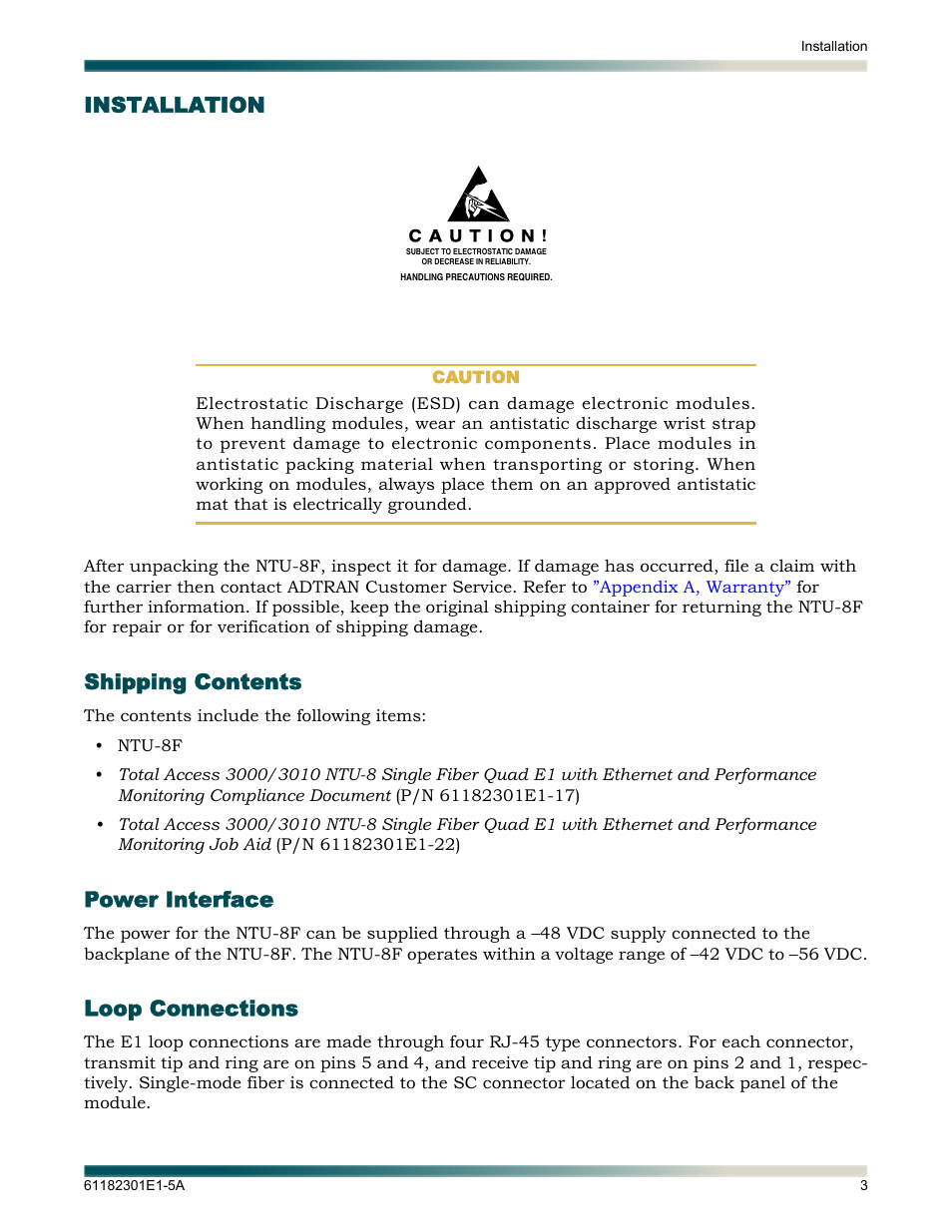 Installation, Shipping contents, Power interface | Loop connections, Shipping contents power interface loop connections | ADTRAN 3010 NTU-8 User Manual | Page 9 / 18