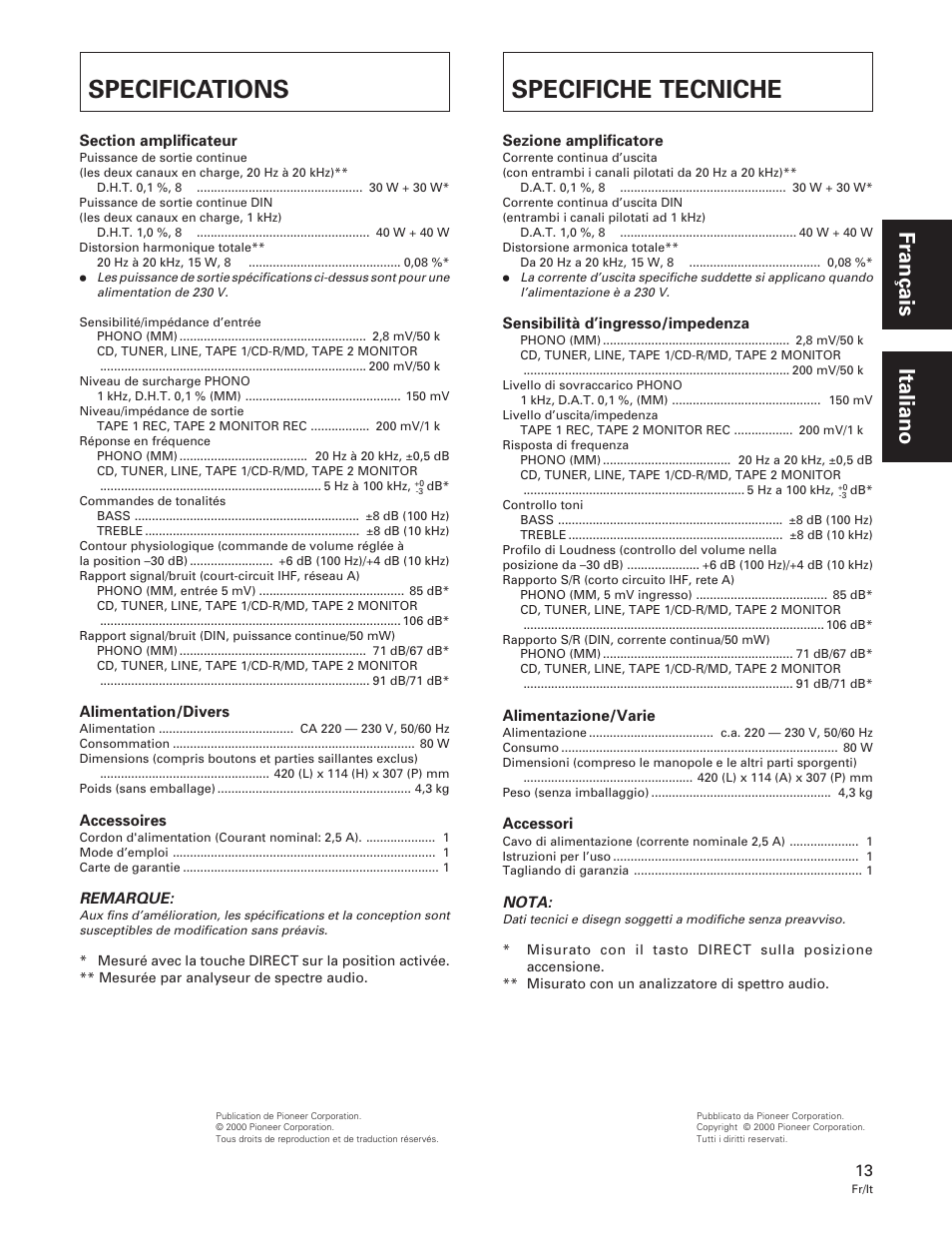 Specifications, Specifiche tecniche | Pioneer A-109 User Manual | Page 13 / 38