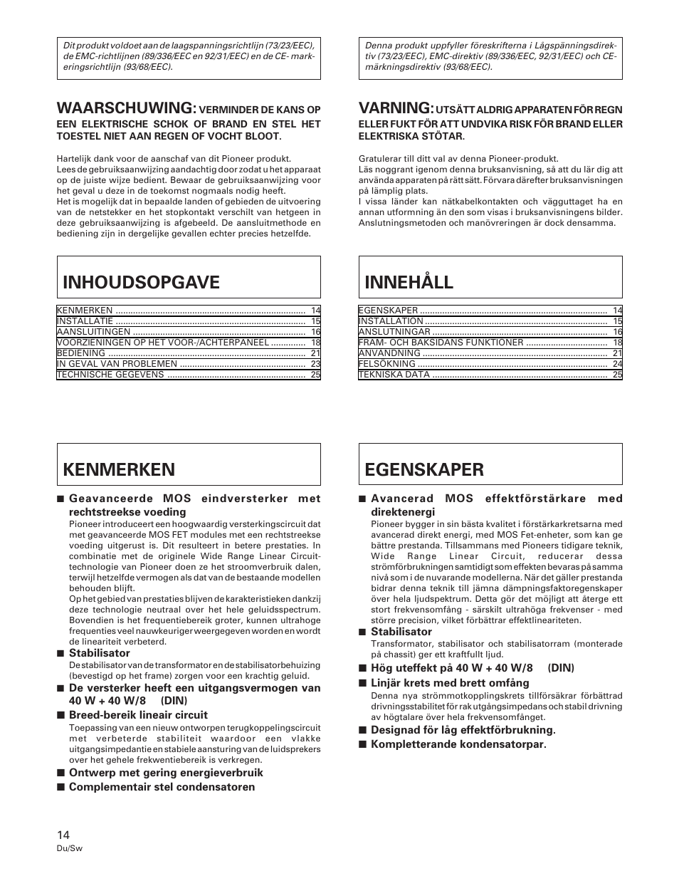 Inhoudsopgave, Kenmerken, Innehåll | Egenskaper, Waarschuwing, Varning | Pioneer A-109 User Manual | Page 14 / 38