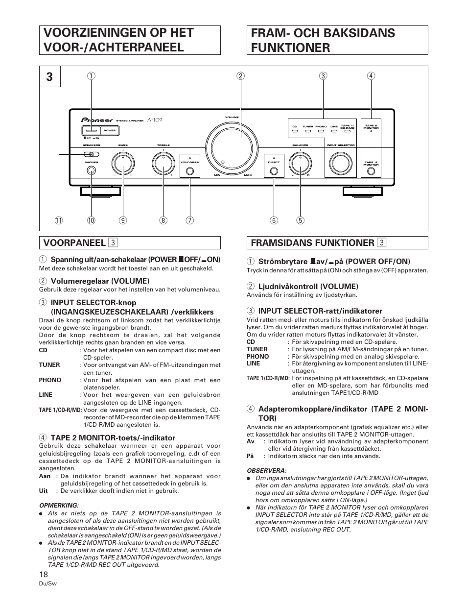 Voorzieningen op het voor-/achterpaneel, Fram- och baksidans funktioner, 3voorzieningen op het voor-/achterpaneel | Voorpaneel, Framsidans funktioner, Spanning uit/aan-schakelaar (power — off/ _ on), Volumeregelaar (volume), Tape 2 monitor-toets/-indikator, Strömbrytare — av/ _ på (power off/on), Ljudnivåkontroll (volume) | Pioneer A-109 User Manual | Page 18 / 38