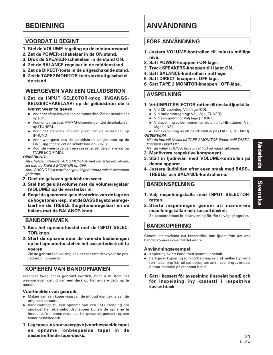 Bediening, Användning, Bediening användning | Pioneer A-109 User Manual | Page 21 / 38