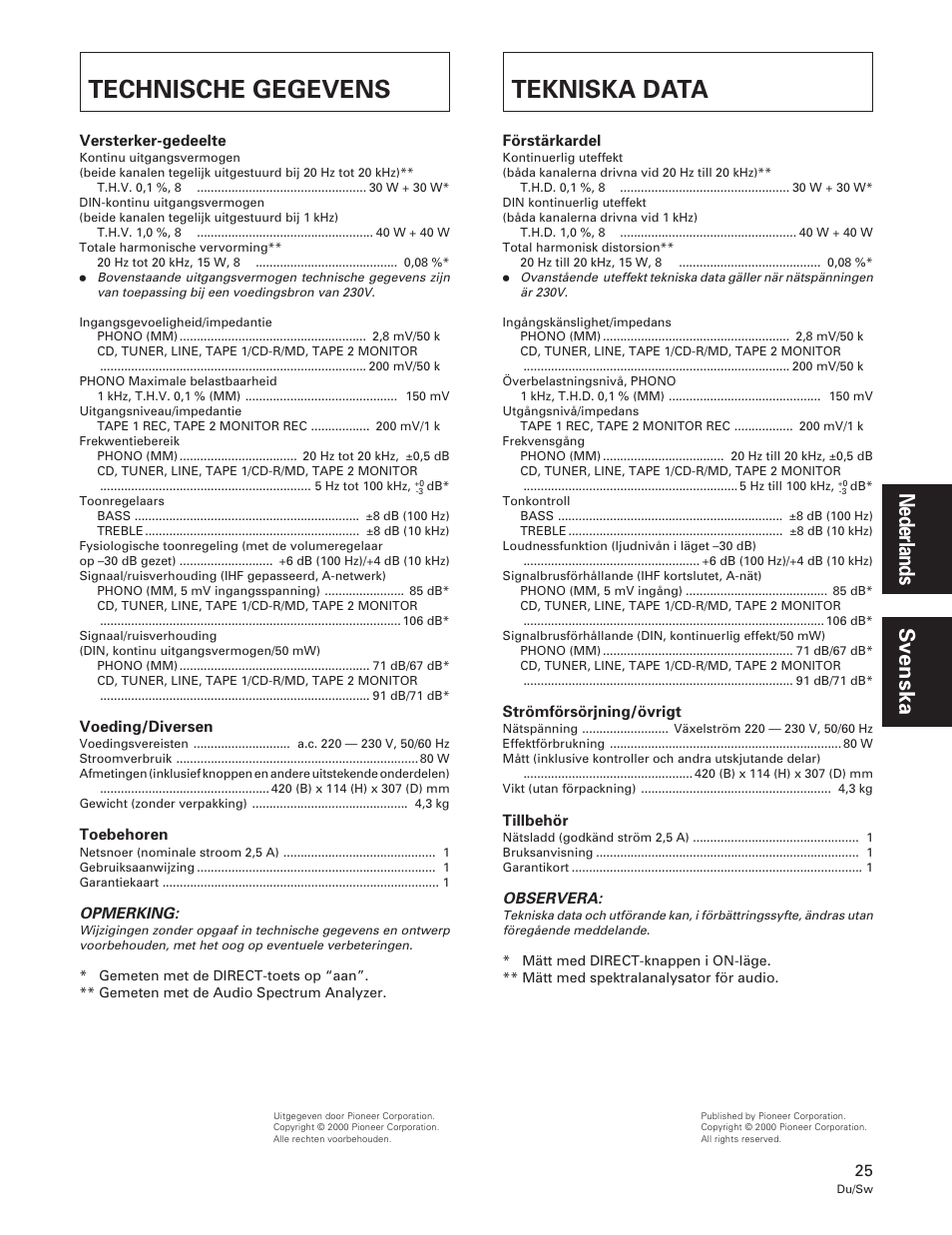 Technische gegevens, Tekniska data, Technische gegevens tekniska data | Pioneer A-109 User Manual | Page 25 / 38