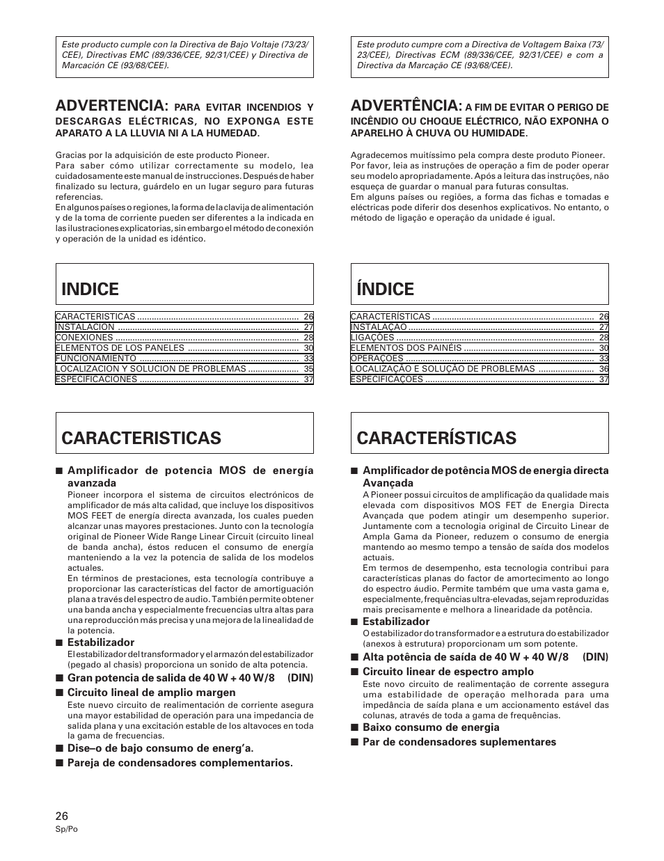Indice, Caracteristicas, Índice | Características, Advertencia, Advertência | Pioneer A-109 User Manual | Page 26 / 38