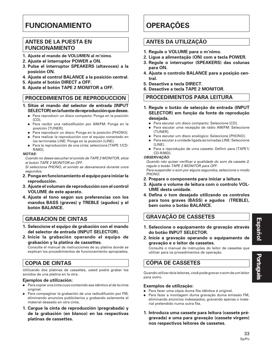 Funcionamiento, Operações, Funcionamiento operações | Pioneer A-109 User Manual | Page 33 / 38