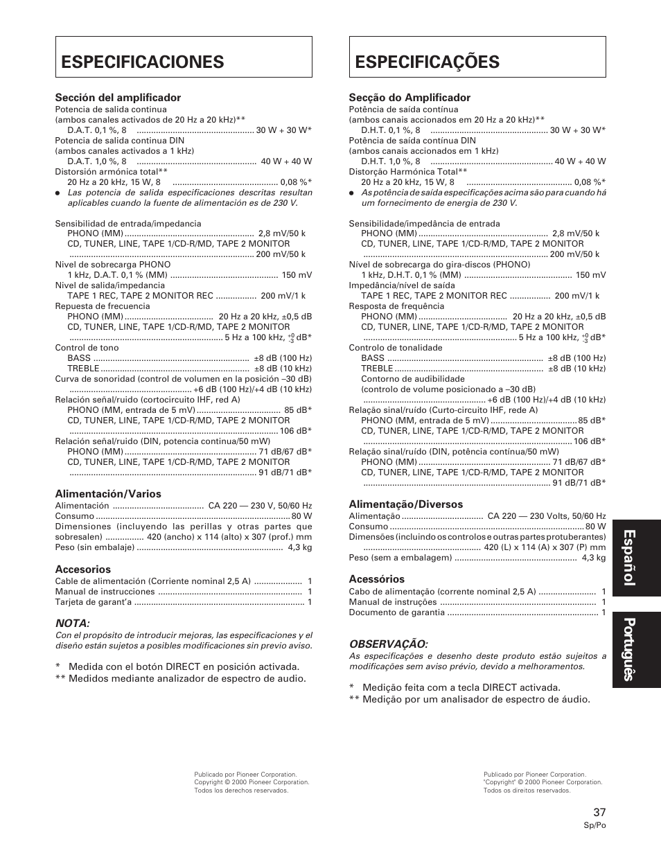 Especificaciones, Especificações, Especificaciones especificações | Pioneer A-109 User Manual | Page 37 / 38