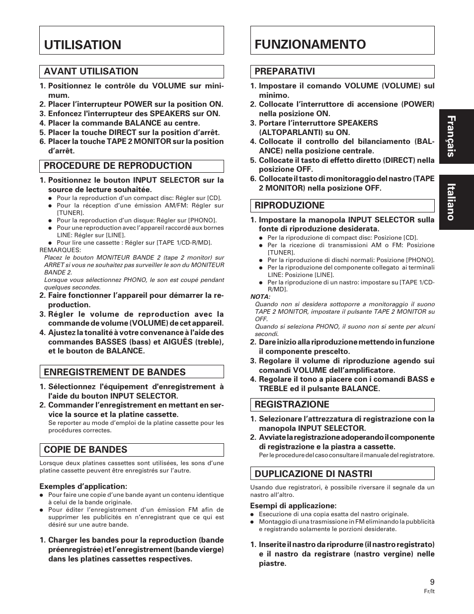 Utilisation, Funzionamento | Pioneer A-109 User Manual | Page 9 / 38