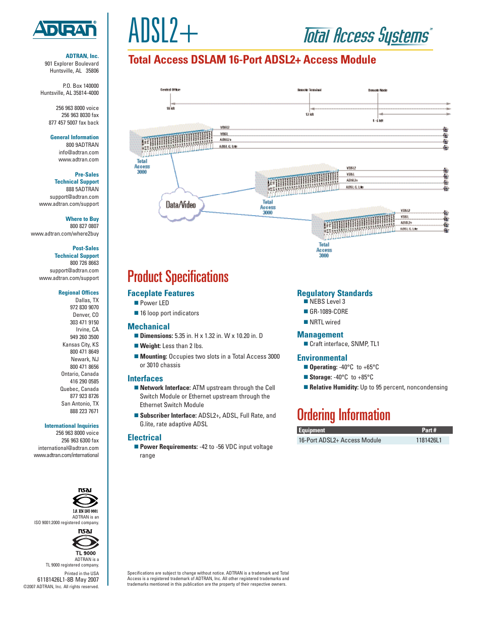 Adsl2, Product specifications, Ordering information | Total access dslam 16-port adsl2+ access module, Faceplate features, Mechanical, Interfaces, Electrical, Regulatory standards, Management | ADTRAN ADSL2+ User Manual | Page 2 / 2