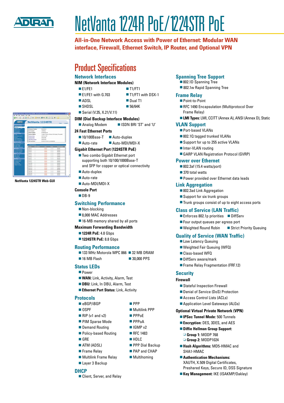 Product specifications, Network interfaces, Switching performance | Routing performance, Status leds, Protocols, Dhcp, Spanning tree support, Frame relay, Vlan support | ADTRAN NetVanta 1224R PoE User Manual | Page 2 / 4