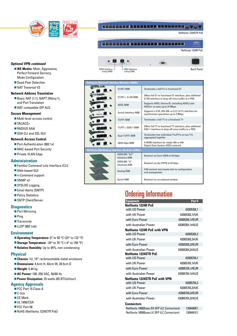 Ordering information, Administration, Diagnostics | Environment, Physical, Agency approvals | ADTRAN NetVanta 1224R PoE User Manual | Page 3 / 4