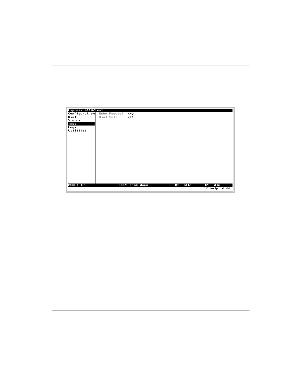 Test menu, Test menu/echo request, Test menu/dial self | Test menu -73, Test menu/echo request -73 test menu/dial self -73, Figure 3-12. test screen -73 | ADTRAN Express 4100 User Manual | Page 123 / 213