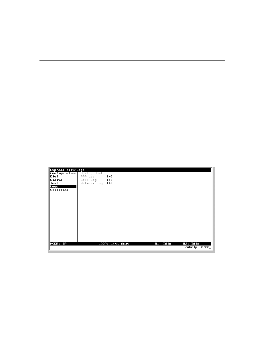 Logs menu, Logs menu -74, Figure 3-13. logs screen -74 | ADTRAN Express 4100 User Manual | Page 124 / 213