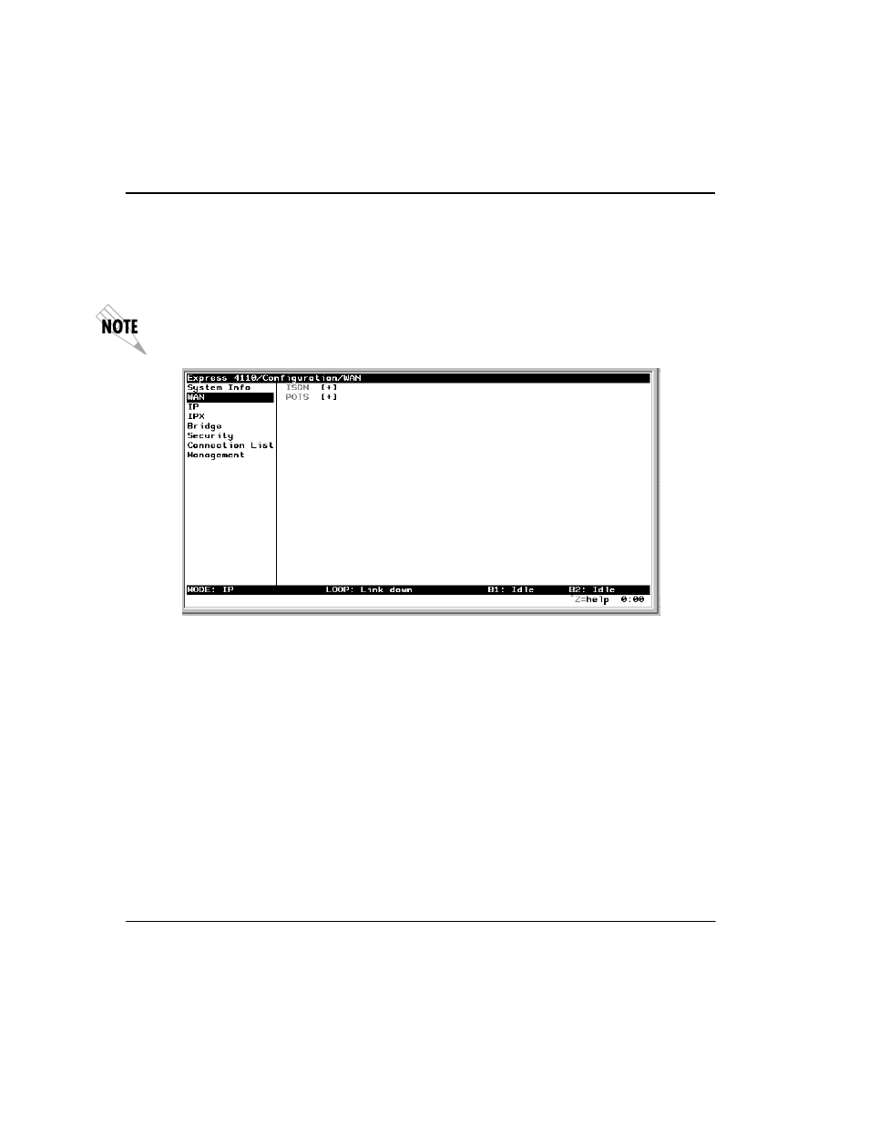 Configuration/wan, Wan/isdn, Isdn/dial line | Configuration/wan -10, Wan/isdn -10, Isdn/dial line -10, Figure 3-3. configuration/wan screen -10 | ADTRAN Express 4100 User Manual | Page 60 / 213