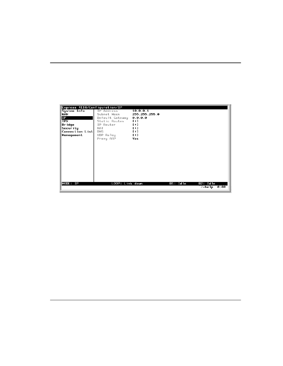 Configuration/ip, Ip/ip address, Ip/subnet mask | Configuration/ip -15, Ip/ip address -15 ip/subnet mask -15, Figure 3-4. configuration/ip screen -15 | ADTRAN Express 4100 User Manual | Page 65 / 213