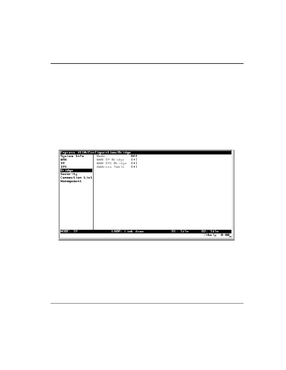 Configuration/bridge, Bridge/mode, Configuration/bridge -25 | Bridge/mode -25, Figure 3-6. configuration/bridge screen -25 | ADTRAN Express 4100 User Manual | Page 75 / 213