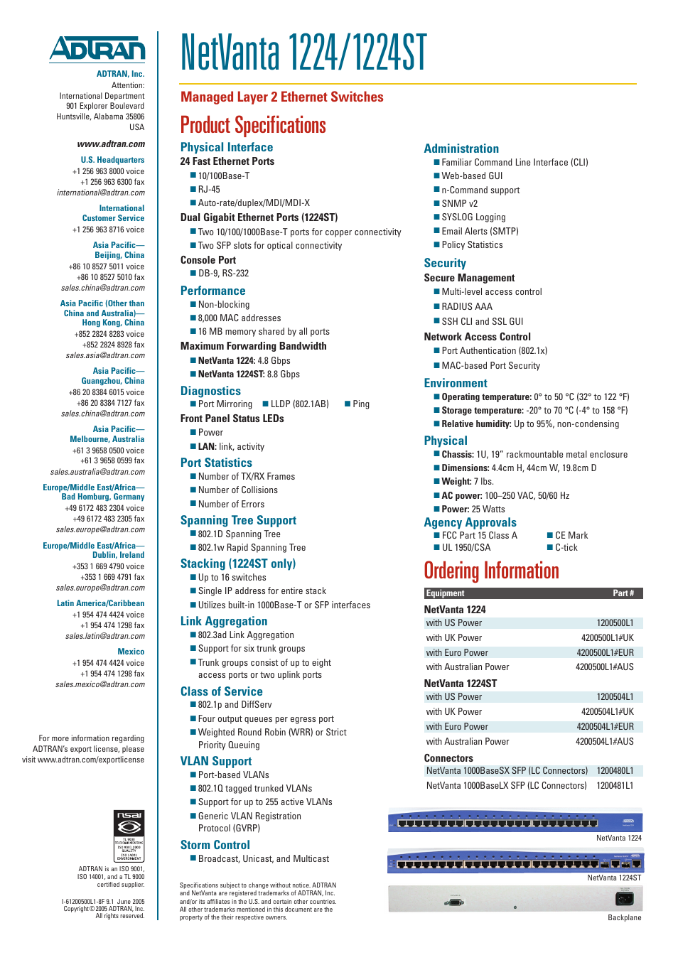 Product specifications, Ordering information, Managed layer 2 ethernet switches | Physical interface, Performance, Diagnostics, Port statistics, Spanning tree support, Stacking (1224st only), Link aggregation | ADTRAN NetVanta 1224 User Manual | Page 2 / 2