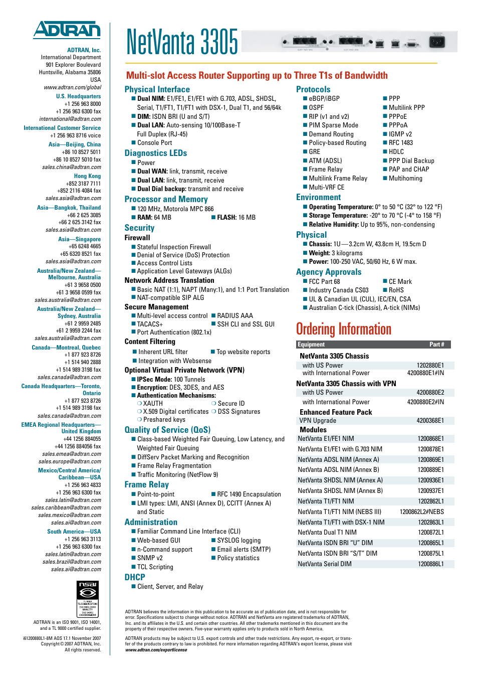 Netvanta 3305, Ordering information, Physical interface | Diagnostics leds, Security, Quality of service (qos), Frame relay, Administration, Dhcp, Protocols | ADTRAN NetVanta 3305 User Manual | Page 2 / 2