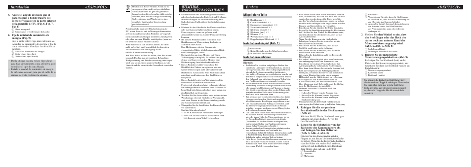 Instalación <espanõl, Wichtige vorsichtsmassnahmen, Einbau <deutsch | Mitgelieferte teile, Installationsbeispiel (abb. 1), Installationsverfahren | Pioneer ND-BC5 User Manual | Page 3 / 8
