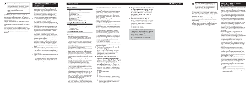 Installation <français, Importantes précautions de sécurité, Importanti elementi di sicurezza | Pièces fournies, Exemple d’installation (fig. 1), Procédure d’installation, Fixez l’alimentation. (fig. 9) | Pioneer ND-BC5 User Manual | Page 4 / 8