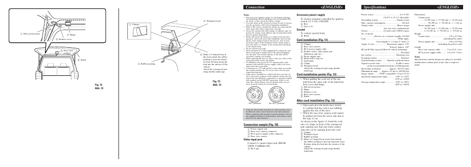 Connection <english, Specifications <english, Connection sample (fig. 10) | Cord installation (fig. 11), Cord installation points (fig. 12), After cord installation (fig. 13), Fig. 12 abb. 12, Fig. 13 abb. 13, Video input jack, Accessory power supply | Pioneer ND-BC5 User Manual | Page 6 / 8