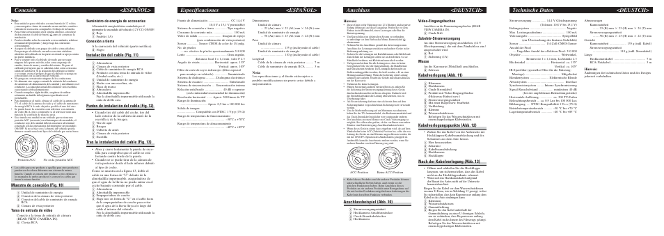 Especificaciones <español> conexión <español, Anschluss <deustch, Technische daten <deustch | Muestra de conexión (fig. 10), Instalación del cable (fig. 11), Puntos de instalación del cable (fig. 12), Tras la instalación del cable (fig. 13), Anschlussbeispiel (abb. 10), Kabelverlegung (abb. 11), Kabelverlegungspunkte (abb. 12) | Pioneer ND-BC5 User Manual | Page 7 / 8
