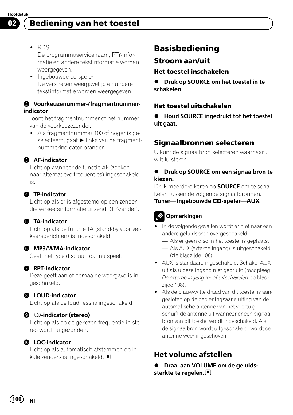 Basisbediening, Stroom aan/uit 100, Signaalbronnen selecteren 100 | Het volume afstellen 100, Bediening van het toestel, Stroom aan/uit, Signaalbronnen selecteren, Het volume afstellen | Pioneer DEH-1120MP User Manual | Page 100 / 134