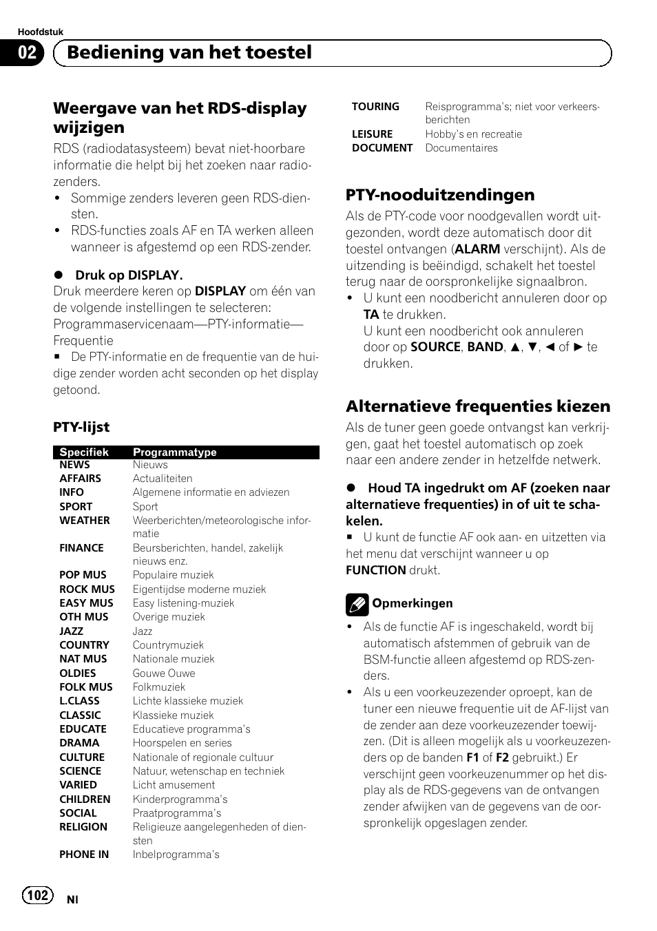 Weergave van het rds-display, Wijzigen, Pty-nooduitzendingen 102 | Alternatieve frequenties kiezen 102, Bediening van het toestel, Weergave van het rds-display wijzigen, Pty-nooduitzendingen, Alternatieve frequenties kiezen, Pty-lijst | Pioneer DEH-1120MP User Manual | Page 102 / 134