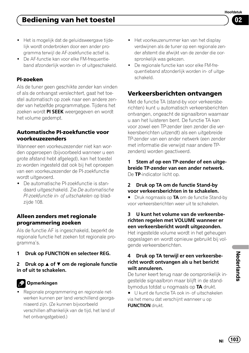 Verkeersberichten ontvangen 103, Bediening van het toestel, Verkeersberichten ontvangen | Pioneer DEH-1120MP User Manual | Page 103 / 134