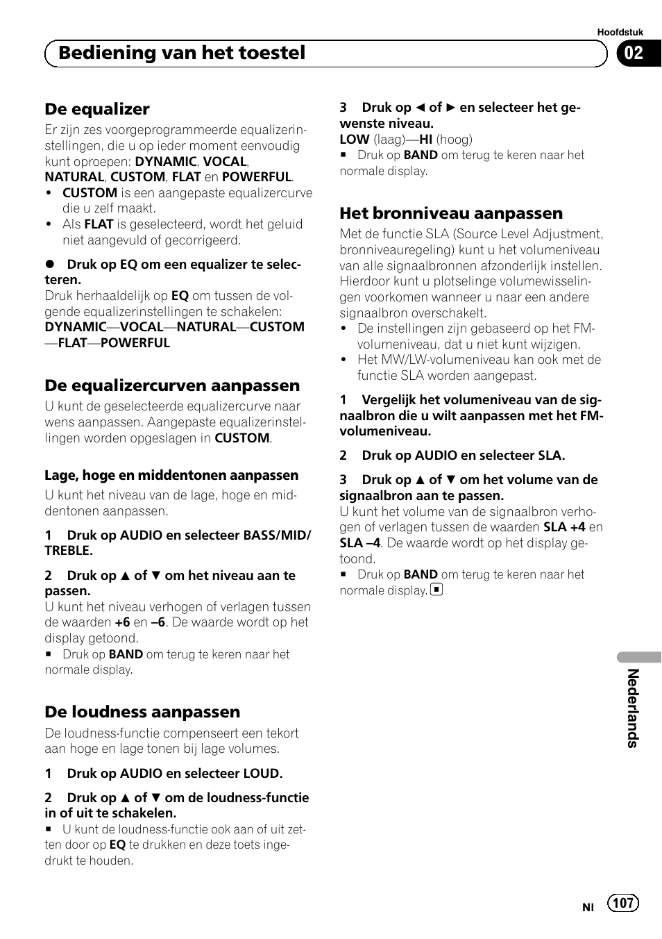 De equalizer 107, De equalizercurven aanpassen 107, De loudness aanpassen 107 | Het bronniveau aanpassen 107, Bediening van het toestel, De equalizer, De equalizercurven aanpassen, De loudness aanpassen, Het bronniveau aanpassen | Pioneer DEH-1120MP User Manual | Page 107 / 134