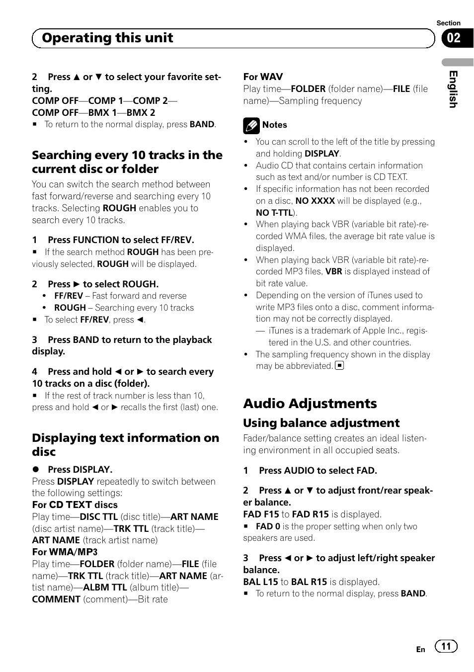 Searching every 10 tracks in the current, Disc or folder, Displaying text information on disc 11 | Audio adjustments, Using balance adjustment 11, Operating this unit, Displaying text information on disc, Using balance adjustment | Pioneer DEH-1120MP User Manual | Page 11 / 134
