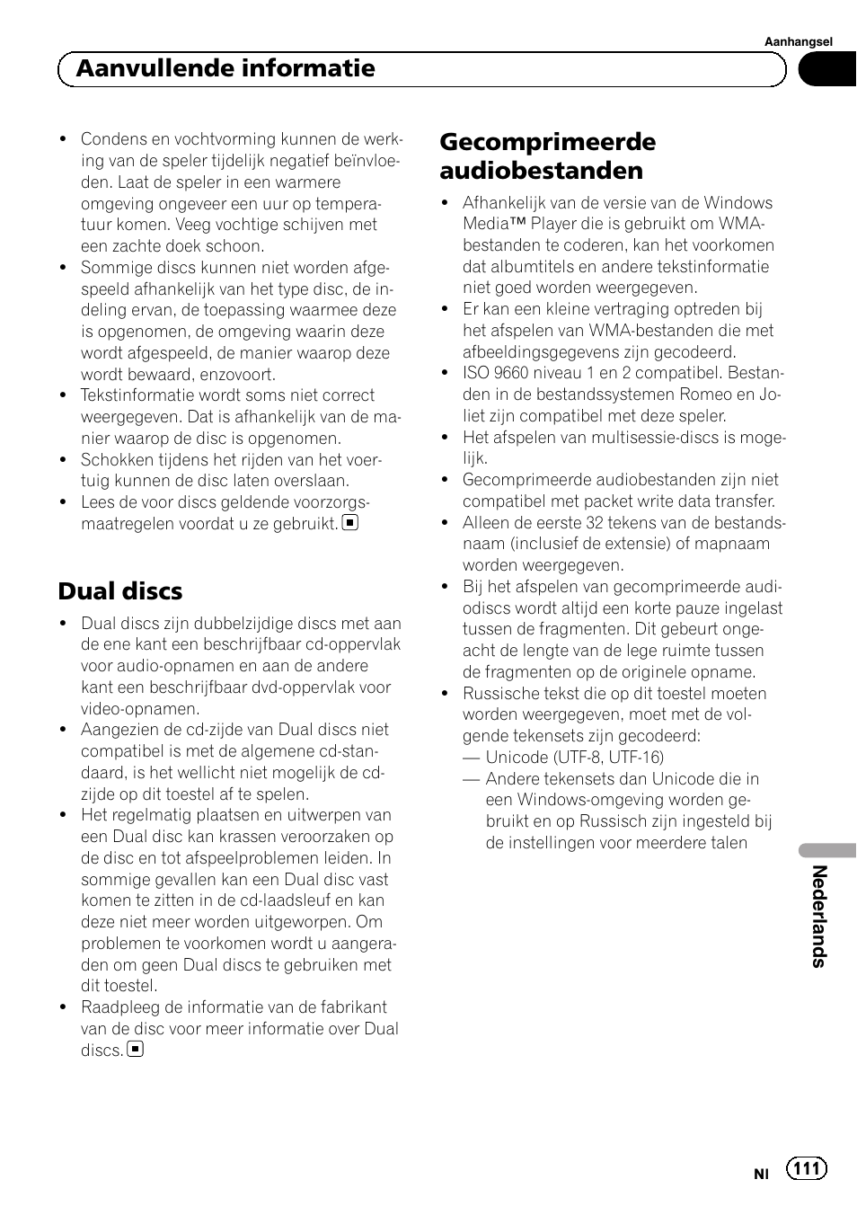 Dual discs, Gecomprimeerde audiobestanden, Bladzijde 111.) | Aanvullende informatie | Pioneer DEH-1120MP User Manual | Page 111 / 134