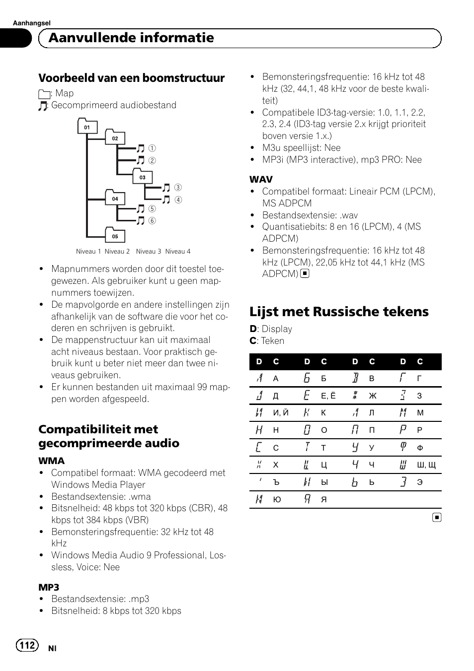 Voorbeeld van een, Boomstructuur, Compatibiliteit met gecomprimeerde | Audio, Lijst met russische tekens, Aanvullende informatie, Voorbeeld van een boomstructuur, Compatibiliteit met gecomprimeerde audio | Pioneer DEH-1120MP User Manual | Page 112 / 134