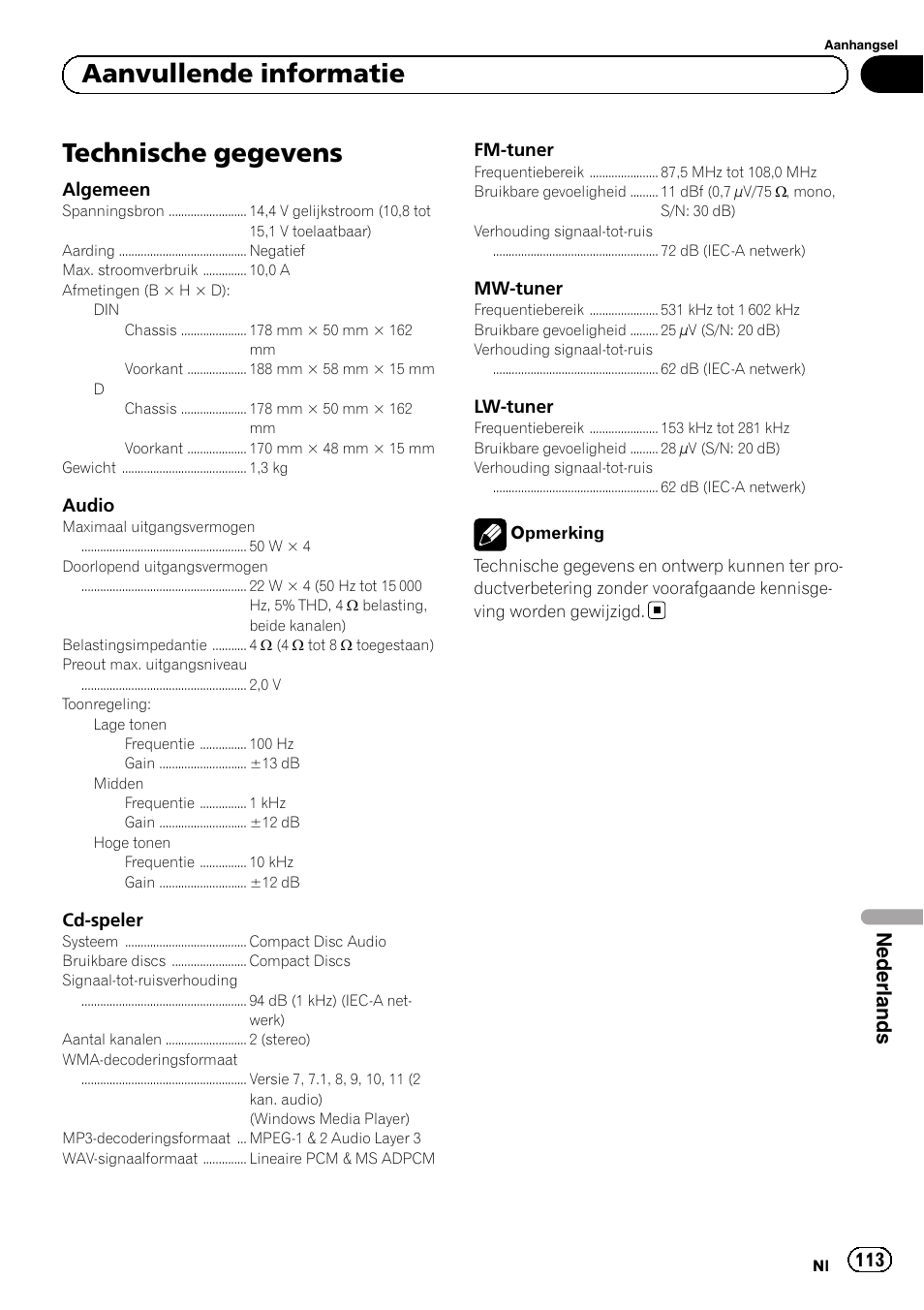 Technische gegevens, Aanvullende informatie, Nederlands | Pioneer DEH-1120MP User Manual | Page 113 / 134