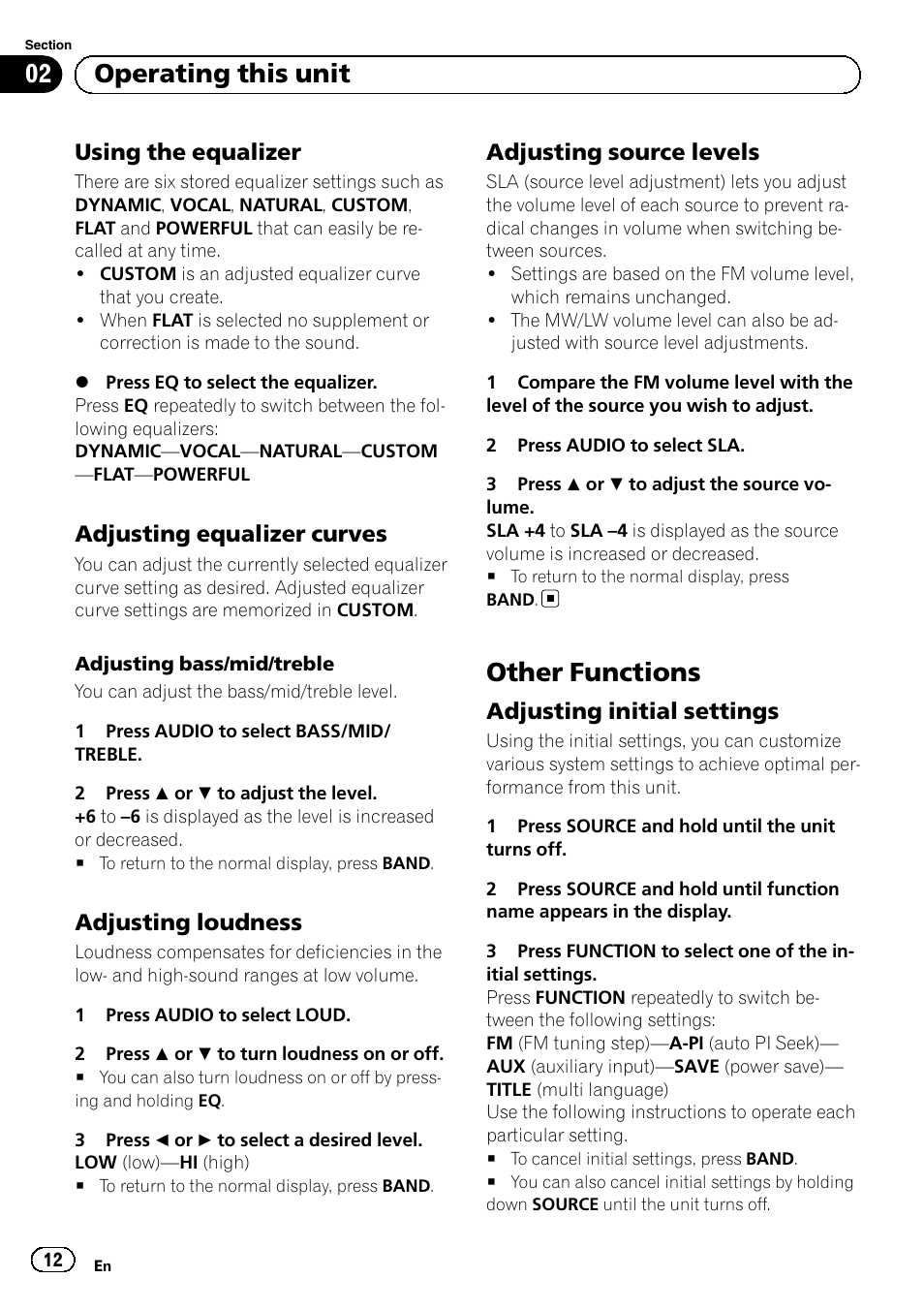 Using the equalizer 12, Adjusting equalizer curves 12, Adjusting loudness 12 | Adjusting source levels 12, Other functions, Adjusting initial settings 12, Operating this unit, Using the equalizer, Adjusting equalizer curves, Adjusting loudness | Pioneer DEH-1120MP User Manual | Page 12 / 134