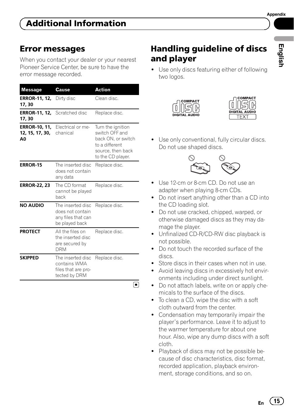 Additional information error messages, Handling guideline of discs and player, Error messages | Additional information, English | Pioneer DEH-1120MP User Manual | Page 15 / 134