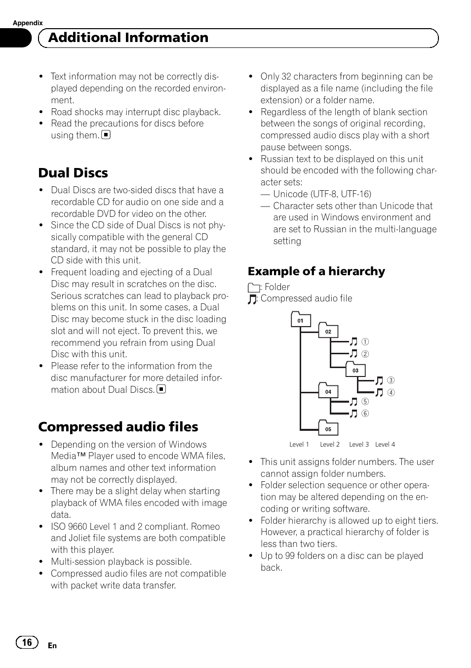 Dual discs, Compressed audio files, Example of a hierarchy 16 | Additional information, Example of a hierarchy | Pioneer DEH-1120MP User Manual | Page 16 / 134